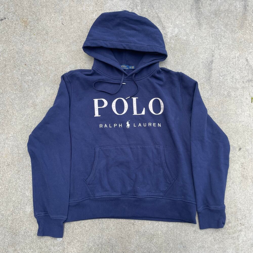 Polo Ralph Lauren Spell Out Hoodie Navy Cropped Womens S Y2K Preppy Pony